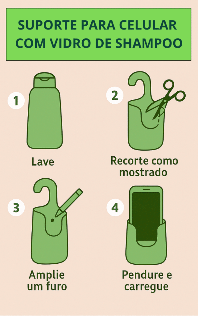 Embalagem de xampu cortada adequadamente para virar um suporte de celular.