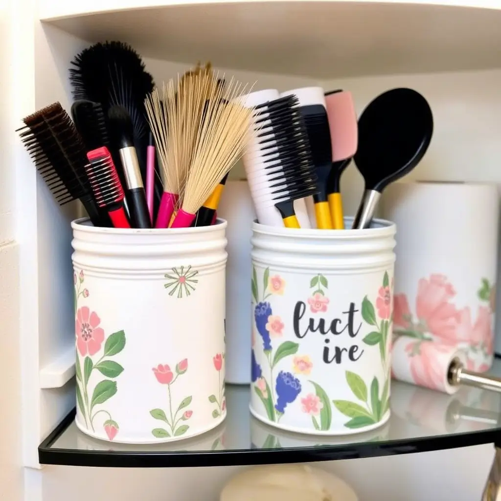 Latas servindo como organizadores de banheiro.