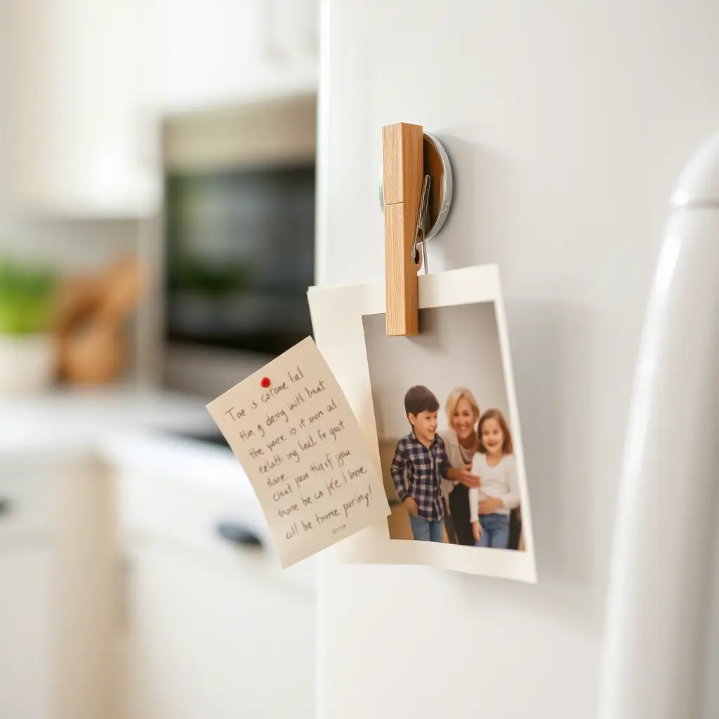 Prendedor de roupa com ímã fixado na porta da geladeira segurando um bilhete escrito à mão e uma foto, com fundo de cozinha desfocado.