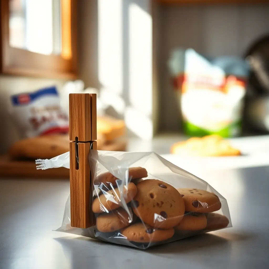 Prendedor de roupa de madeira fechando um pacote aberto de biscoitos sobre uma bancada de cozinha com iluminação natural.