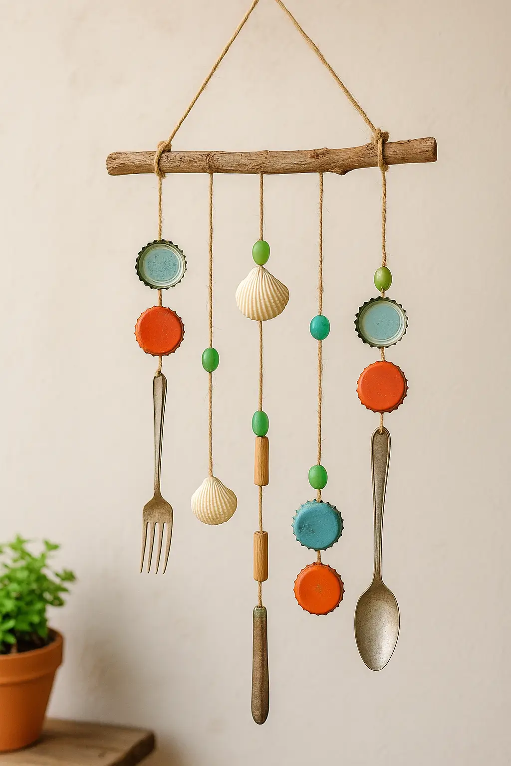 Sino dos ventos artesanal feito com materiais recicláveis como conchas, tampinhas e talheres, pendurado em uma varanda iluminada pela luz do sol, transmitindo uma sensação de tranquilidade e sustentabilidade criativa