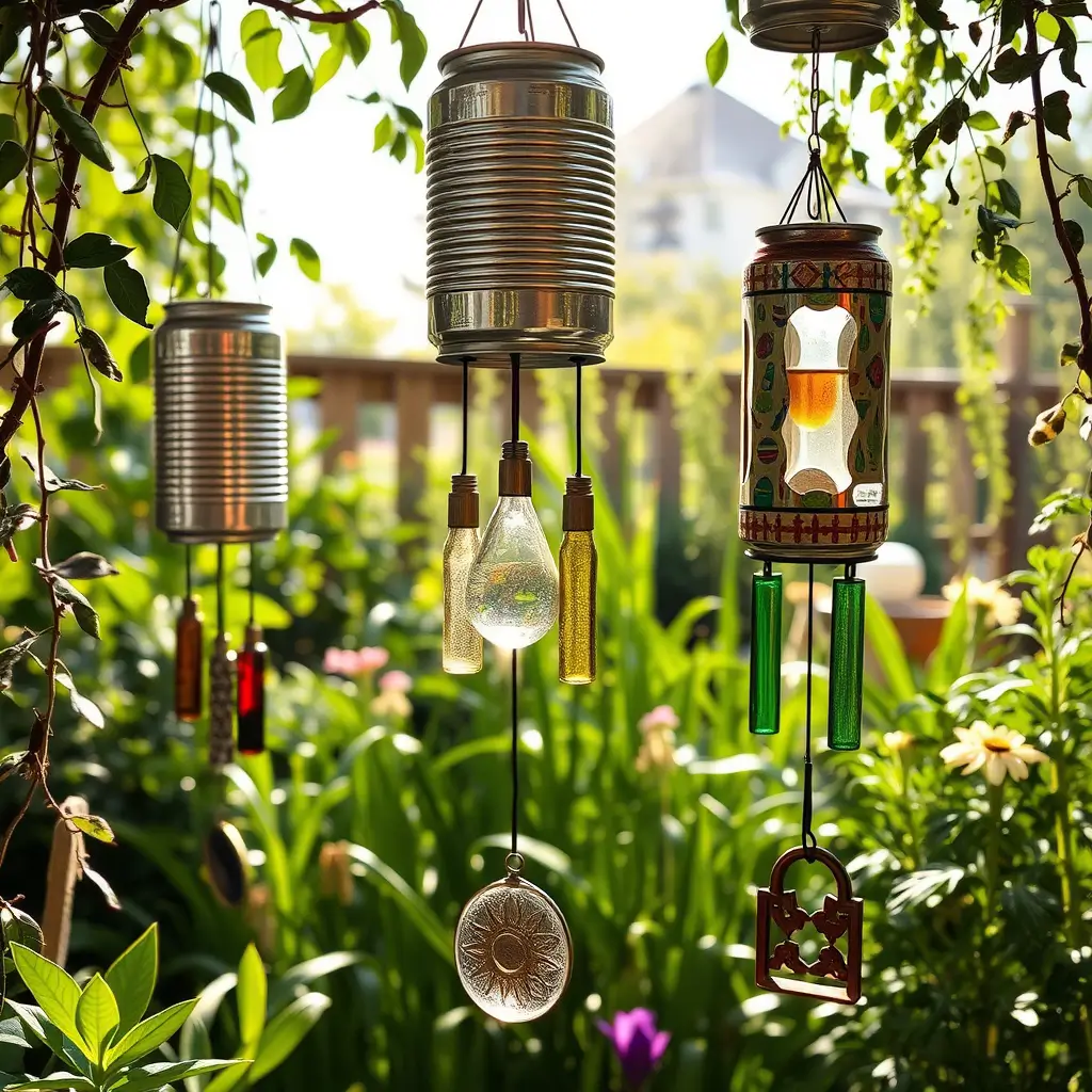 Sino dos ventos artesanal feito com materiais recicláveis como latas, vidros de perfume vazios e lâmpadas, pendurado em uma área externa, iluminada pela luz do sol, transmitindo uma sensação de tranquilidade e sustentabilidade criativa.